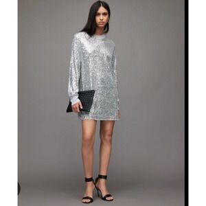 AllSaints Juela Mini Dress Silver Sequin Long Sleeve Ribbed Trim Small WD167W